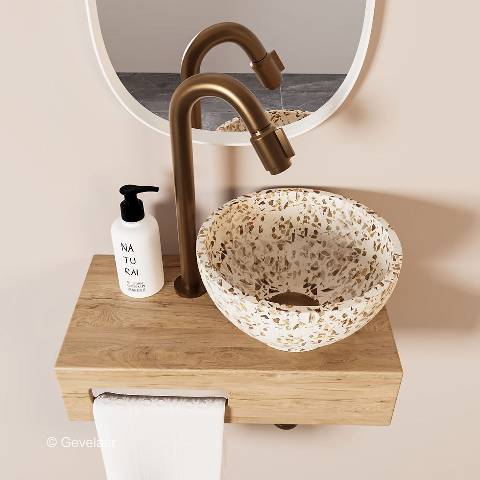 Thumbnail: Tanaro Arche fonteinset eikenhout kraan brons koper waskom terrazzo beige rechts