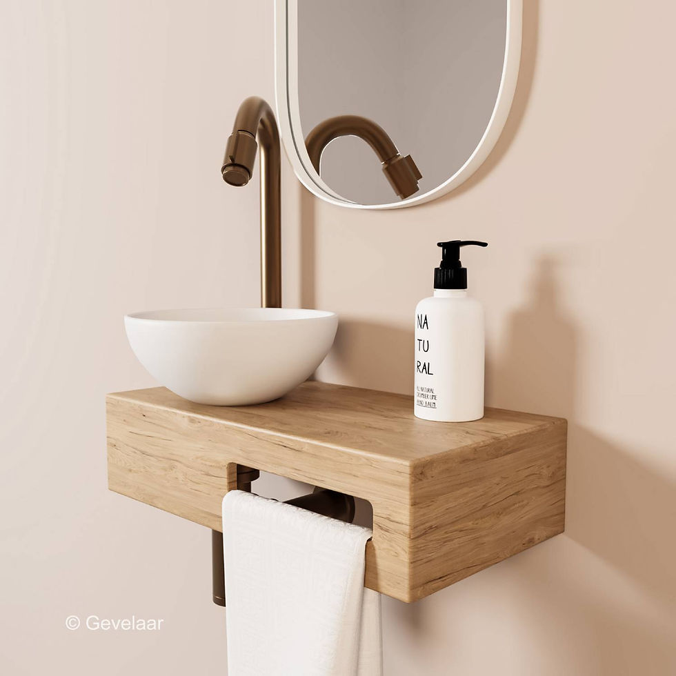 Tanaro Arche fonteinset eikenhout kraanset brons koper waskom mat wit links