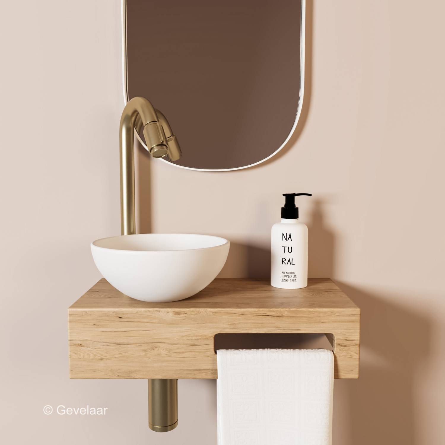 Tanaro Arche fonteinset eikenhout kraanset geborsteld goud waskom mat wit links