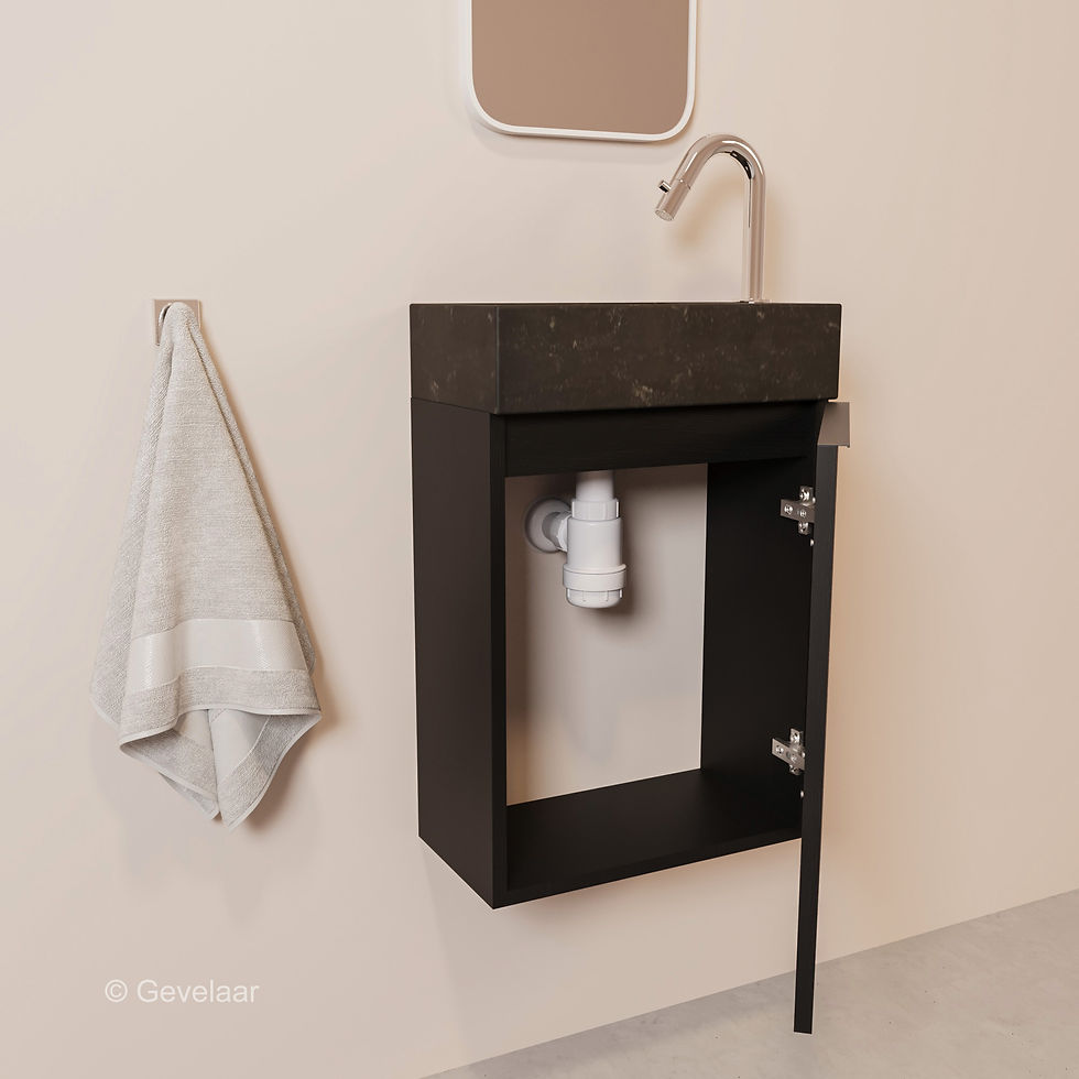 Thumbnail: Tanaro freshstone fonteinset kast hout zwart wasbak links - kraanset chroom