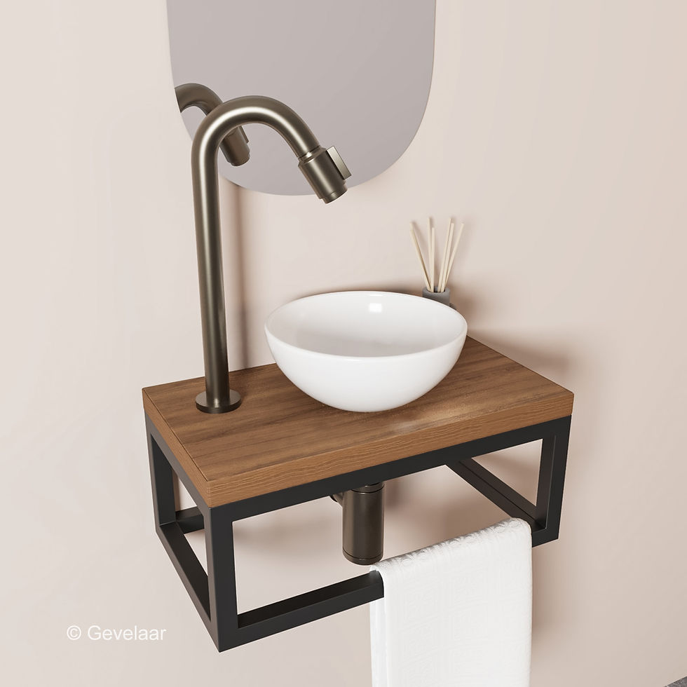 Thumbnail: Tanaro Esbow fonteinset waskom glans wit - plank noten - kraanset gunmetal