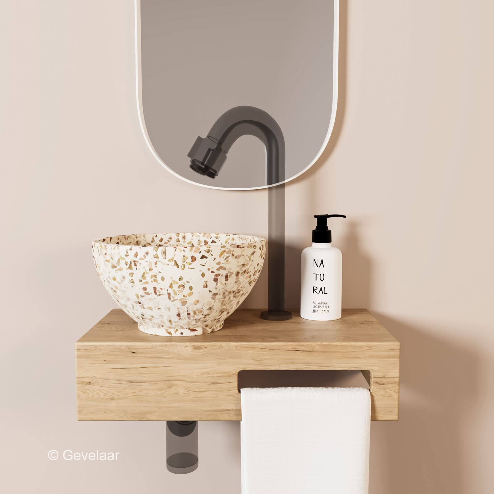 Tanaro Oasis fontein eikenhout incl. waskom terrazzo beige links