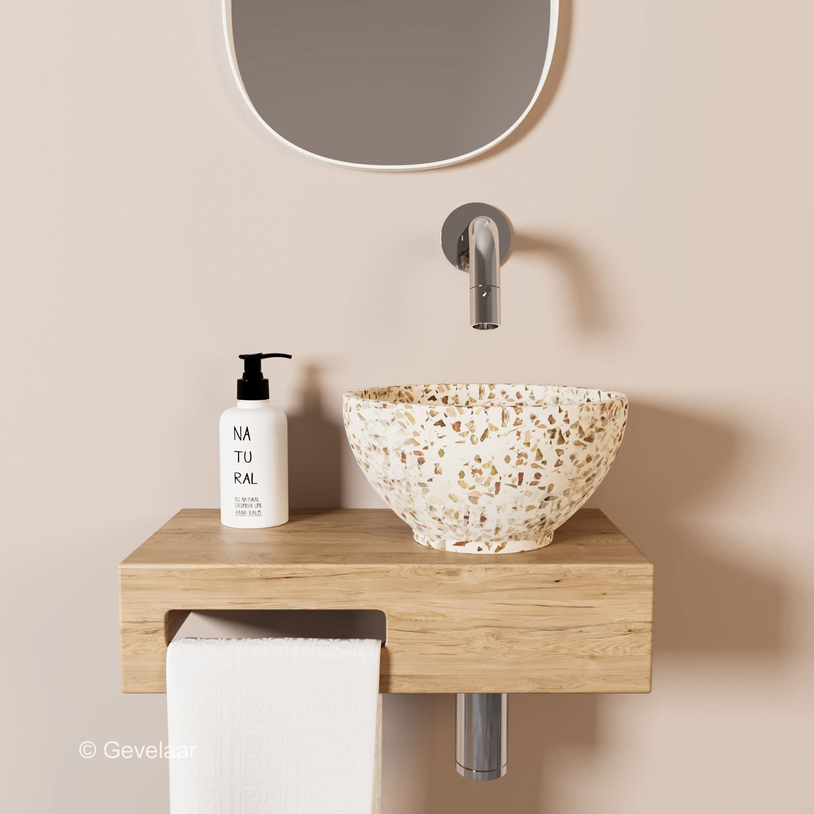 Tanaro Oasis fonteinset eiken inbouwkraan chroom waskom terrazzo beige rechts