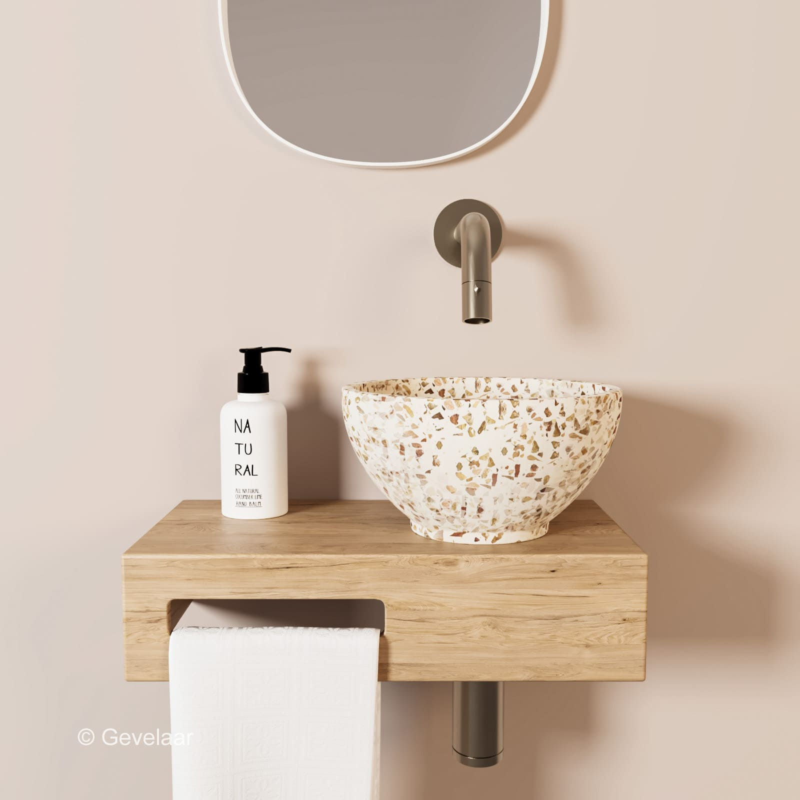 Tanaro Oasis fonteinset eikenhout inbouwkraan RVS waskom terrazzo beige rechts