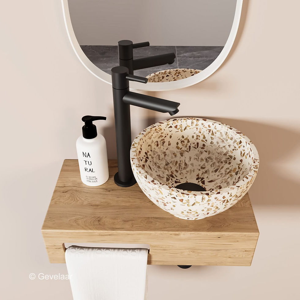 Thumbnail: Tanaro Oasis fonteinset eikenhout kraan mat zwart waskom terrazzo beige rechts