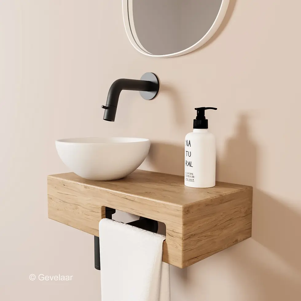 Tanaro Oasis fonteinset eikenhout inbouwkraan mat zwart waskom mat wit links