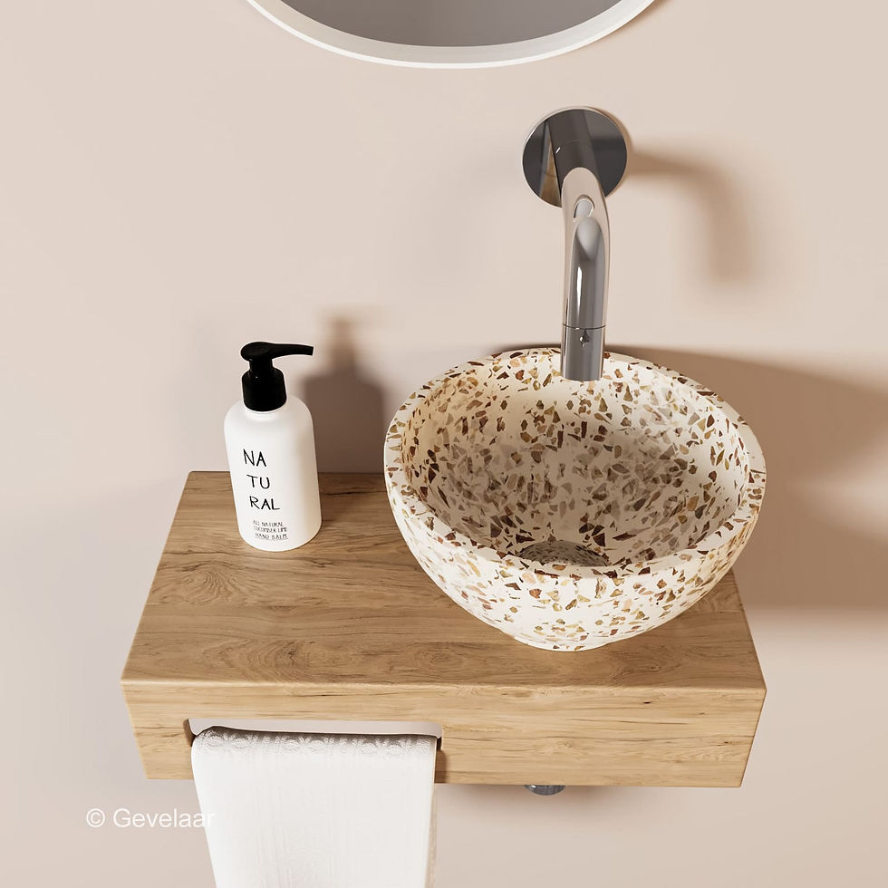 Thumbnail: Tanaro Oasis fonteinset eiken inbouwkraan chroom waskom terrazzo beige rechts