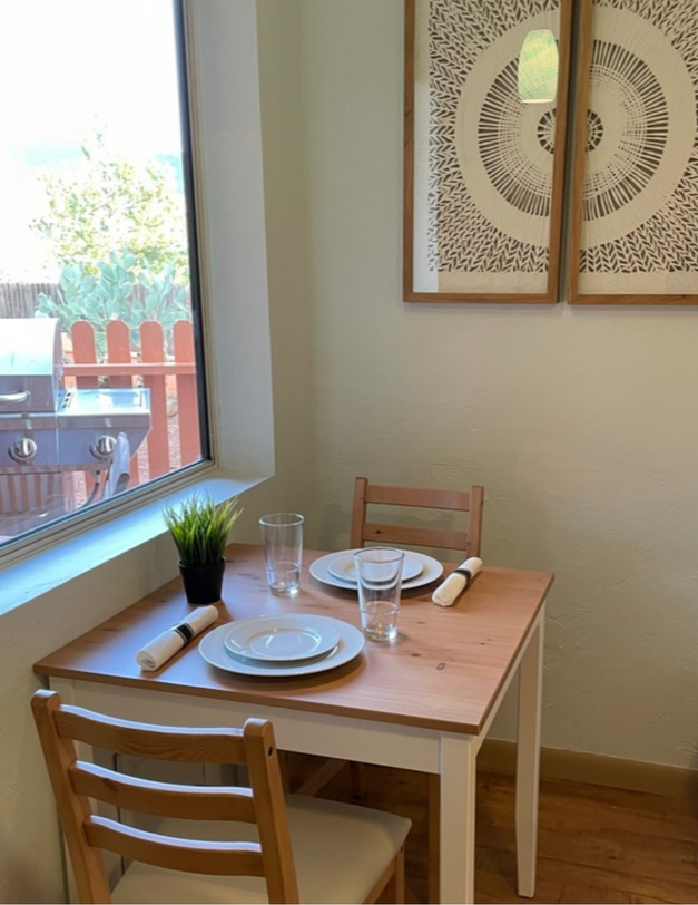Vacation rental dining setup in small space