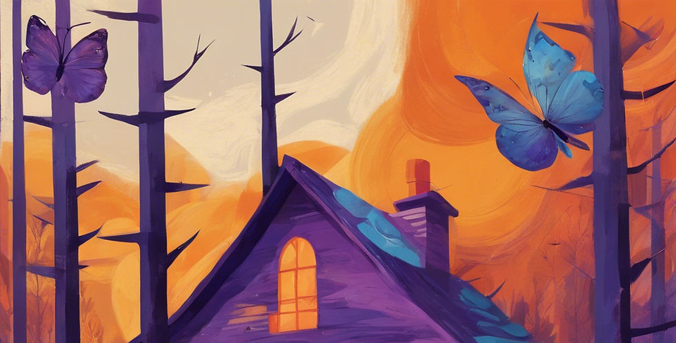 deep purples, oranges, blues, yellows. Cabin. Butterflies. Visionary. Nature. focus on tex