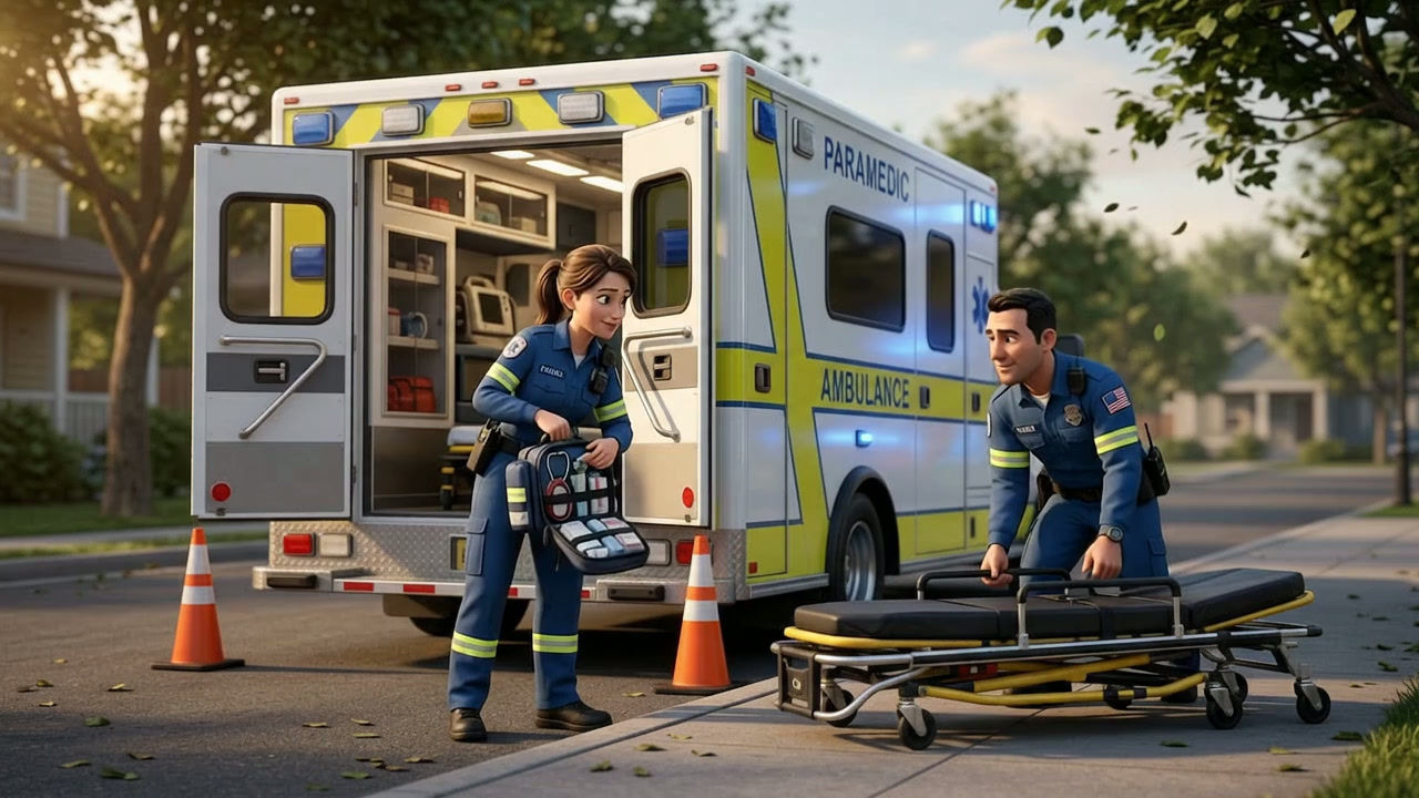 Paramedics Preparing Stretcher at Ambulance