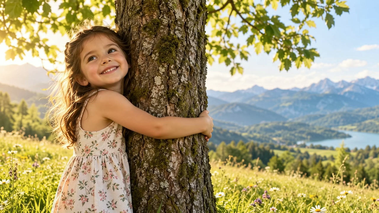 Happy Little Girl Hugging a Tree in Nature