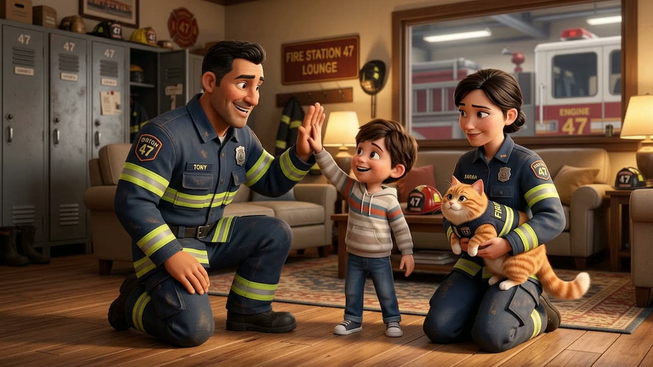 Firefighters Greeting a Little Boy and His Cat