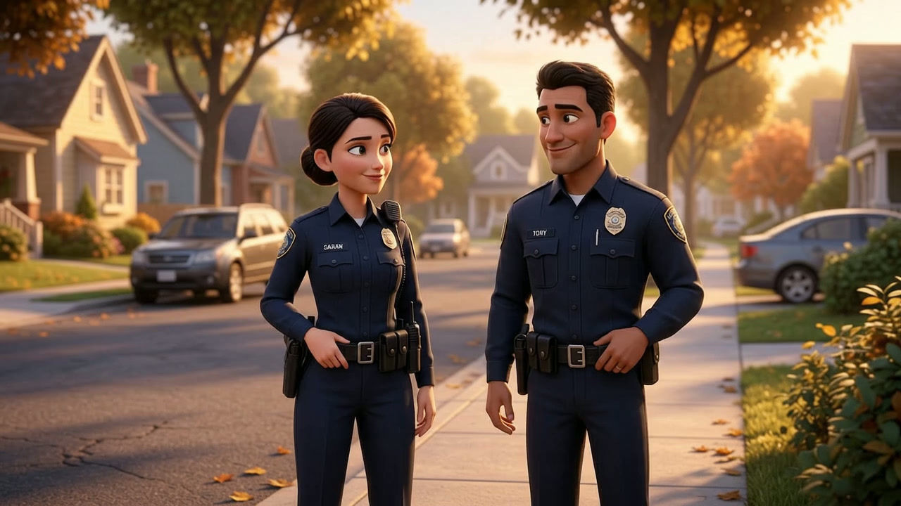 Two Police Officers Patrolling a Suburban Street