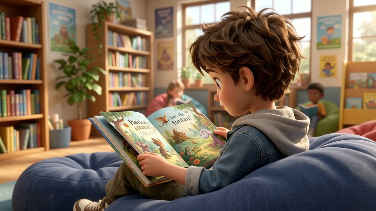 Boy Reading a Storybook in School Library – Kids Learning