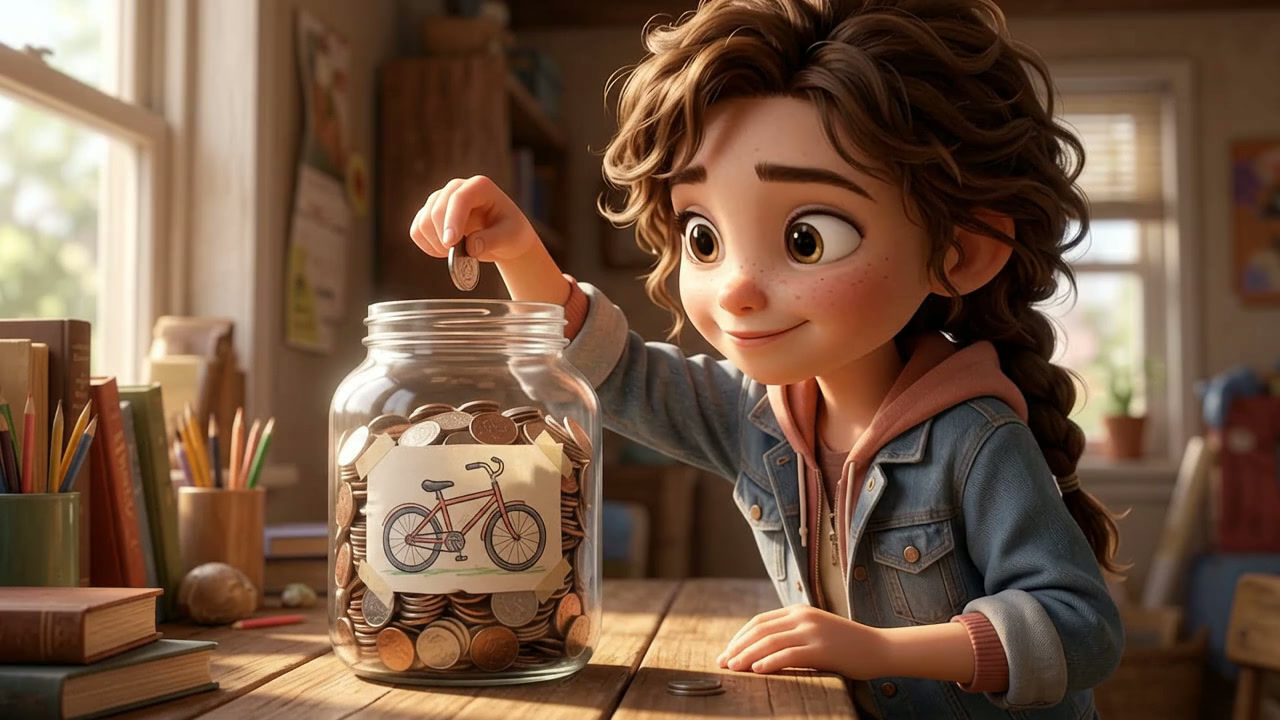 Girl Saving Coins for a Bicycle – Money Saving & Financial Literacy
