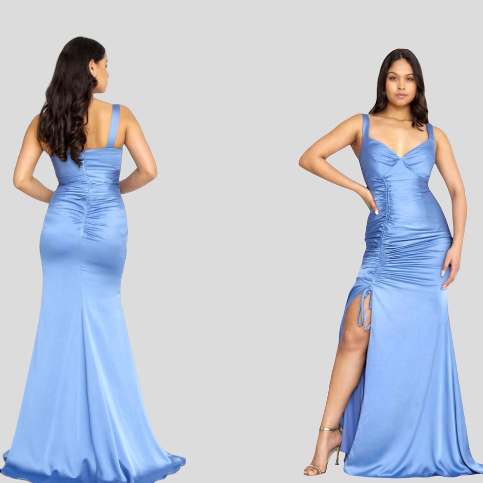 Thumbnail: Blue satin sweetheart neckline side ruche and split trail elegant dress
