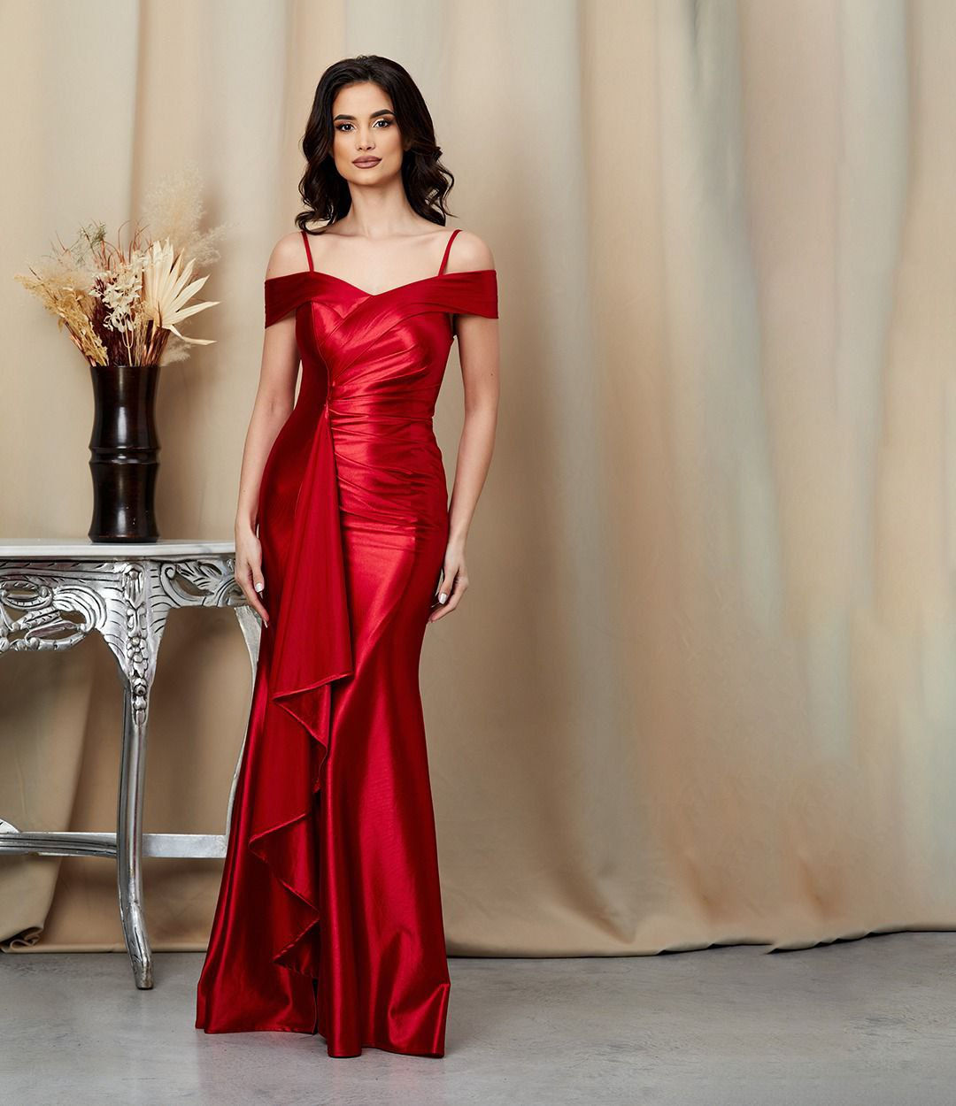 Regular & Plus size Off-shoulder sleeve ruched  satin side split formal dress