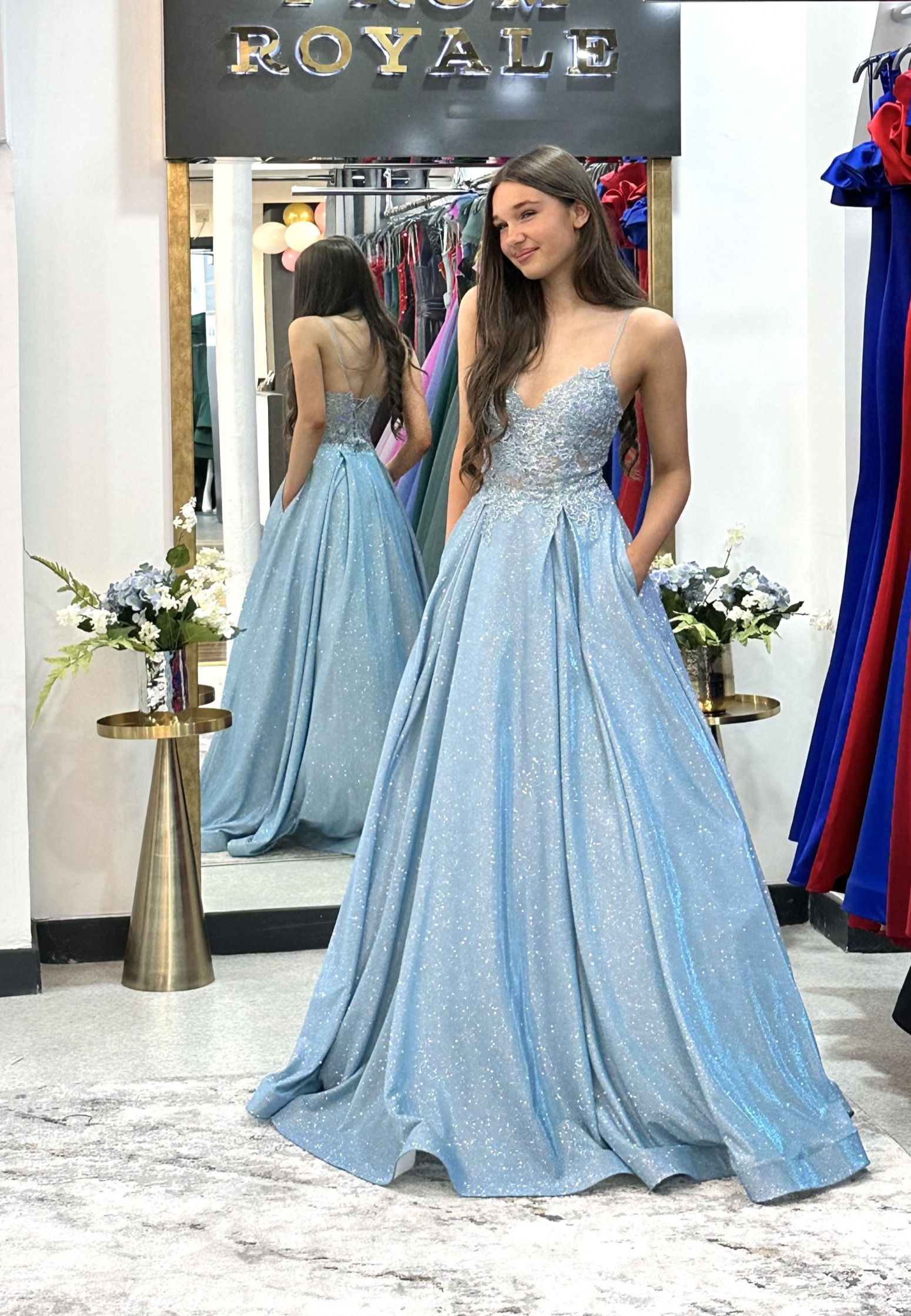 Sky Blue Rhinestones embellished net lace up gown