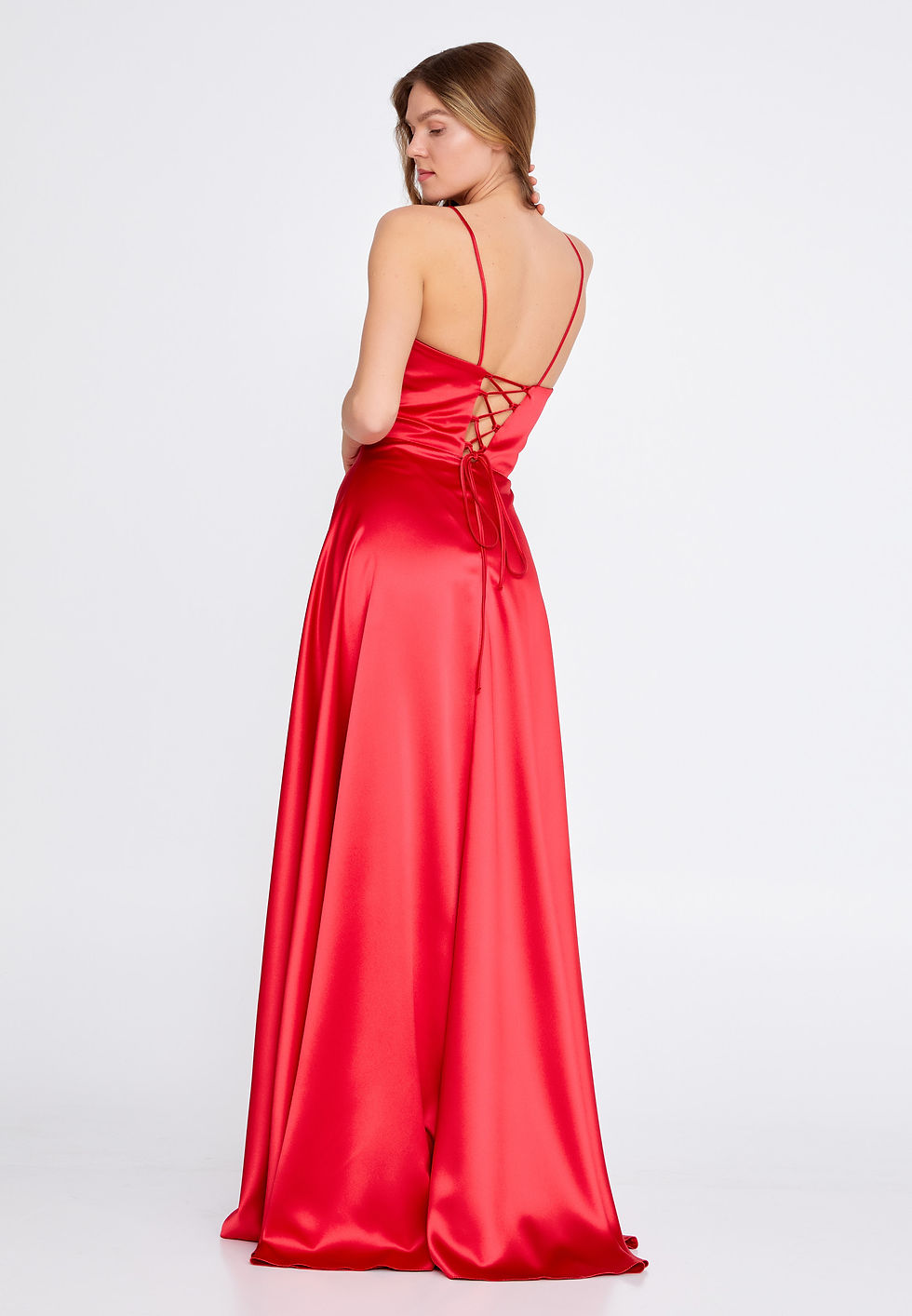 Thumbnail: A-line long satin corset prom dress