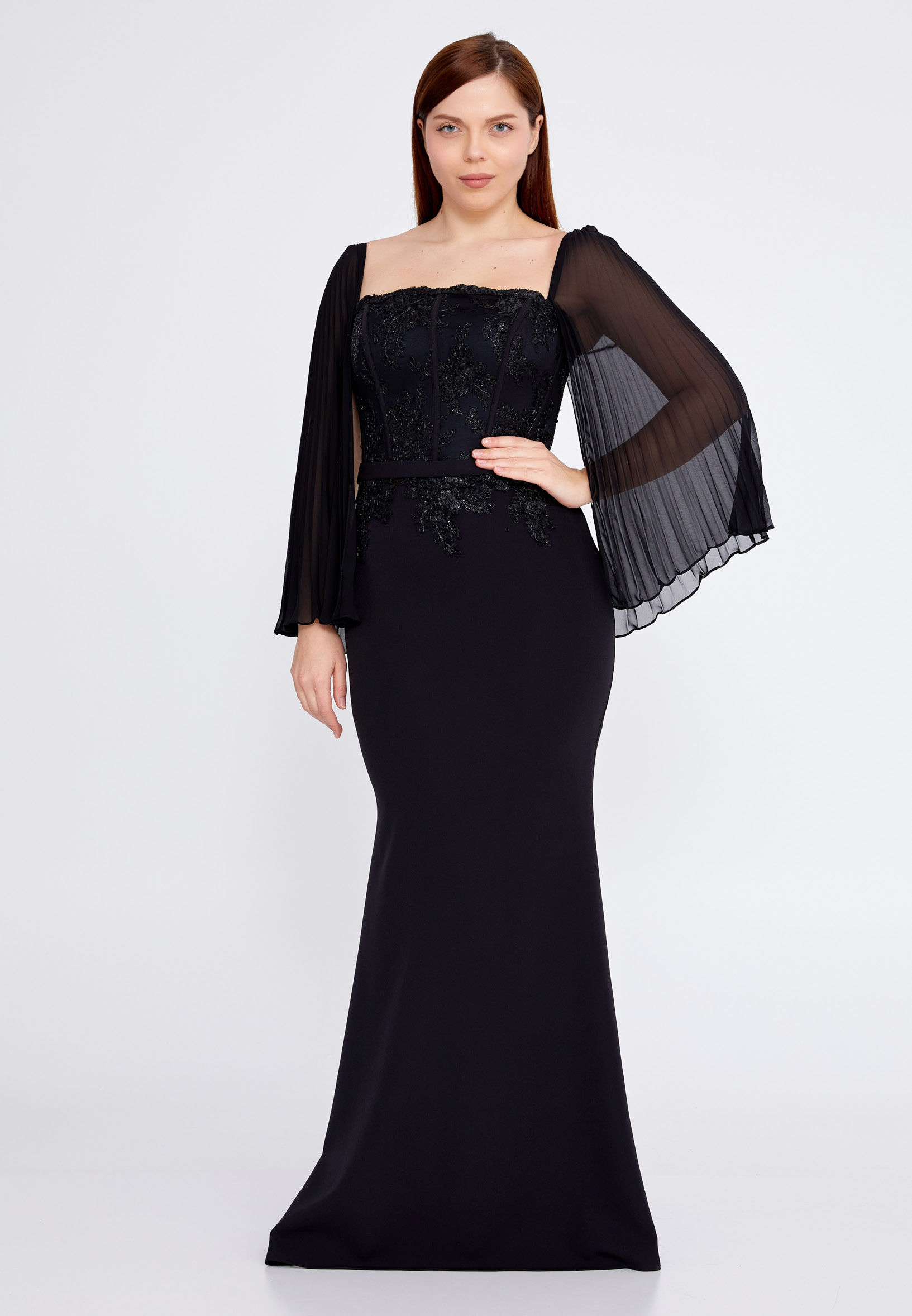 Plus Size Pleated panel sleeve embellished bustier mermaid plus size black dress