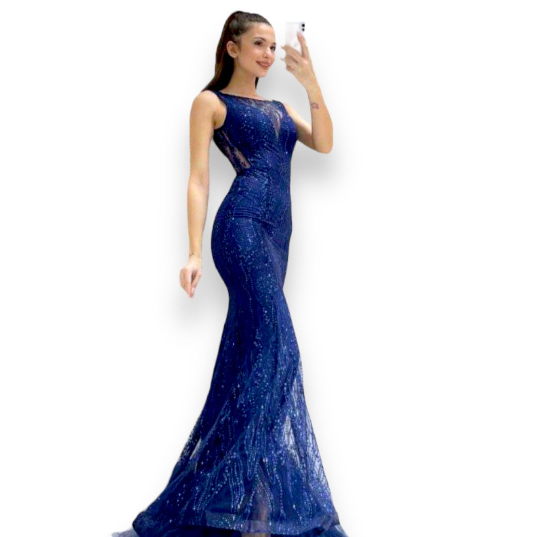 Mermaid glitter net sleeveless tulle hem long dress