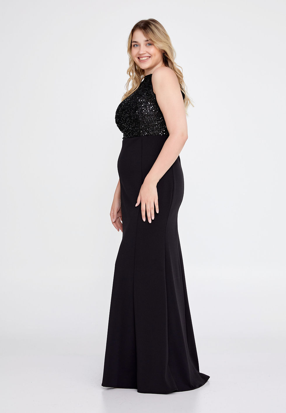 Thumbnail: Plus size sequins and crepe mermaid fishtail evening dress