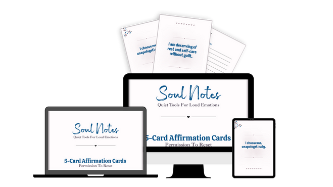 Soul Notes 5-Card Affirmation Cards bundle displayed on digital screens and printed cards.
