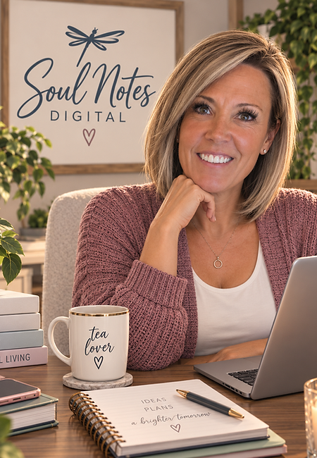 Woman at desk with laptop and Soul Notes Digital logo