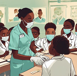 a black dentist ON A african mission trip is checking the oral health of a group of africa