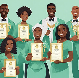 at an elegant awards ceremony, a group of aspiring black dentists holding their golden sch