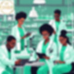 a group of beautiful black aspiring dentists dress in mint and white coats are all researc