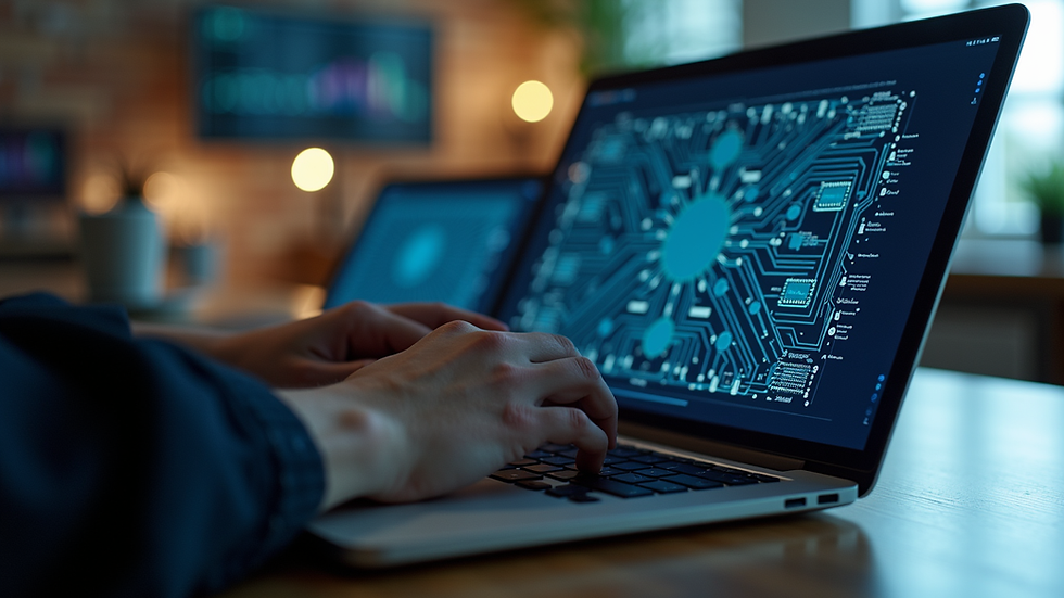 Eye-level view of a person typing on a laptop with electrical schematics on the screen