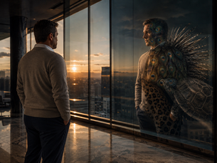 A man standing in front of a window in the office, with his animal archetype reflecting.