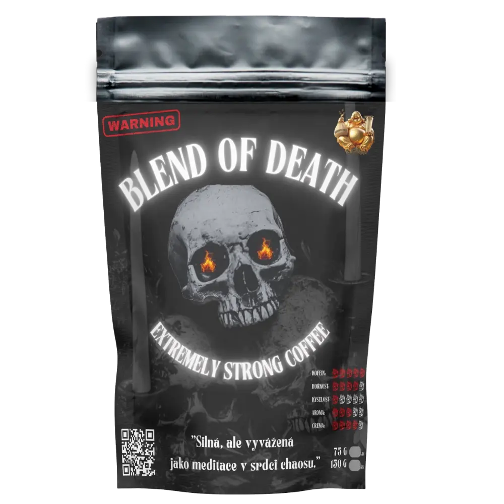 Obal zepředu se zrnkovou kávou Blend of Death Coffee