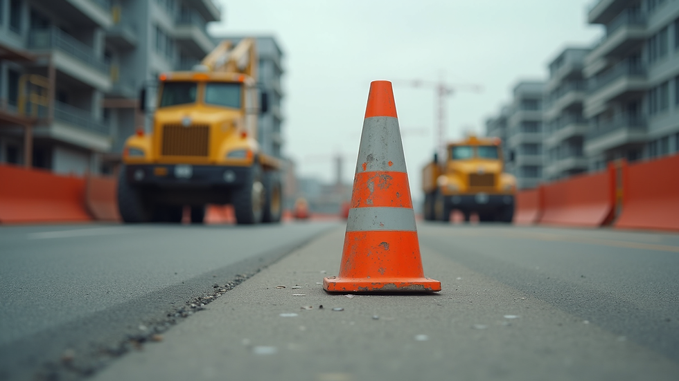 Eye-level view of a construction site with safety signs and equipment