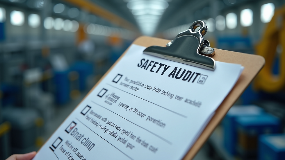 Close-up view of a safety audit checklist on a clipboard at a manufacturing plant