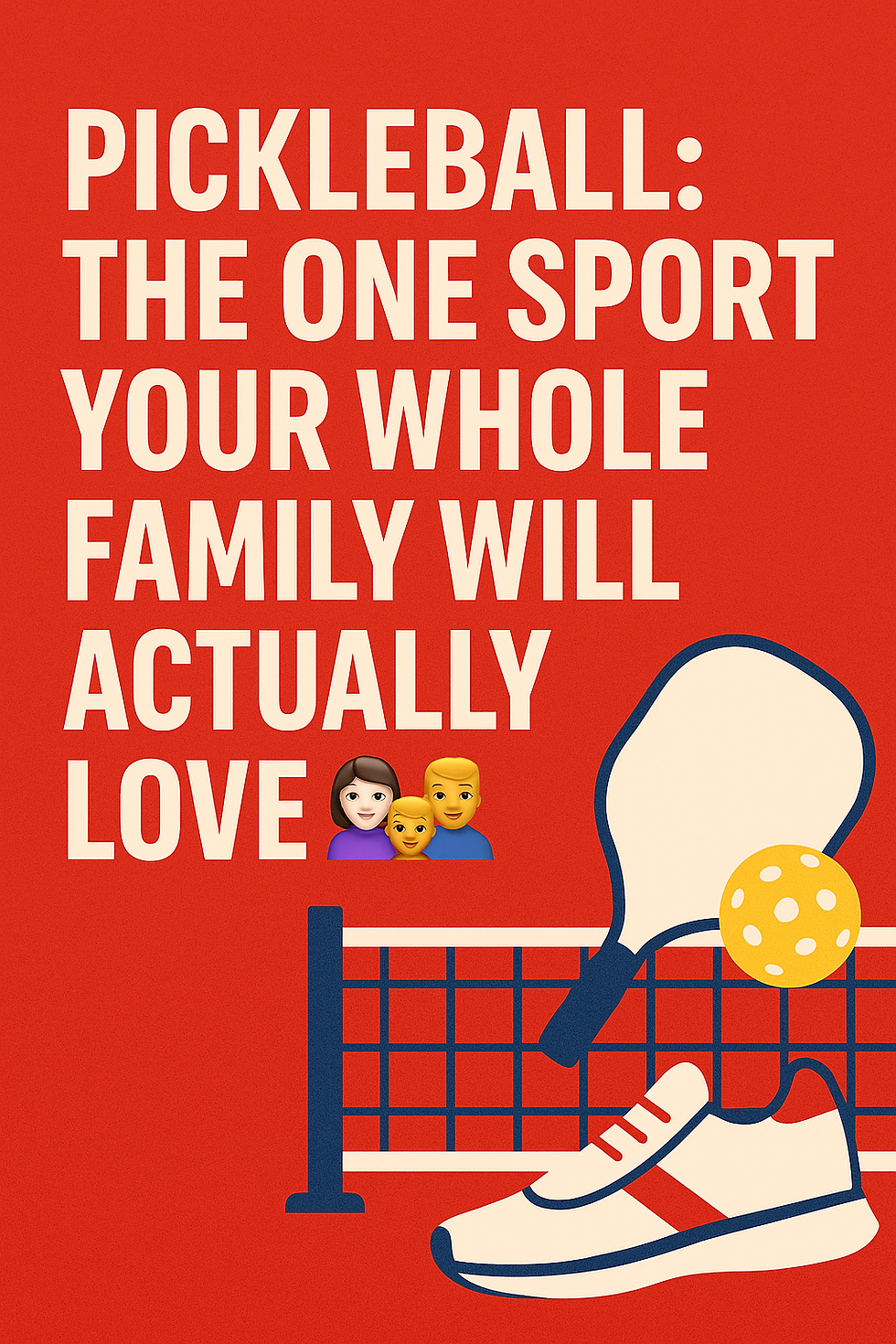 A bold red graphic with white icons of a pickleball paddle, net, and shoe. The text reads: "PICKLEBALL: THE ONE SPORT YOUR WHOLE FAMILY WILL ACTUALLY LOVE" with family and fire emojis.