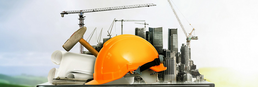 Construction hard hat, tools, city model