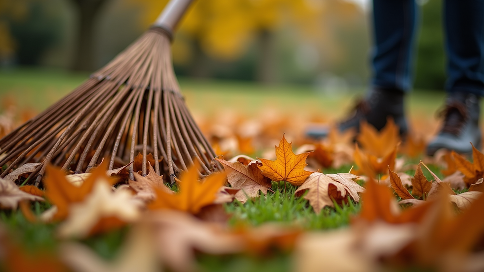 Close-up of autumn leaves being raked in a garden