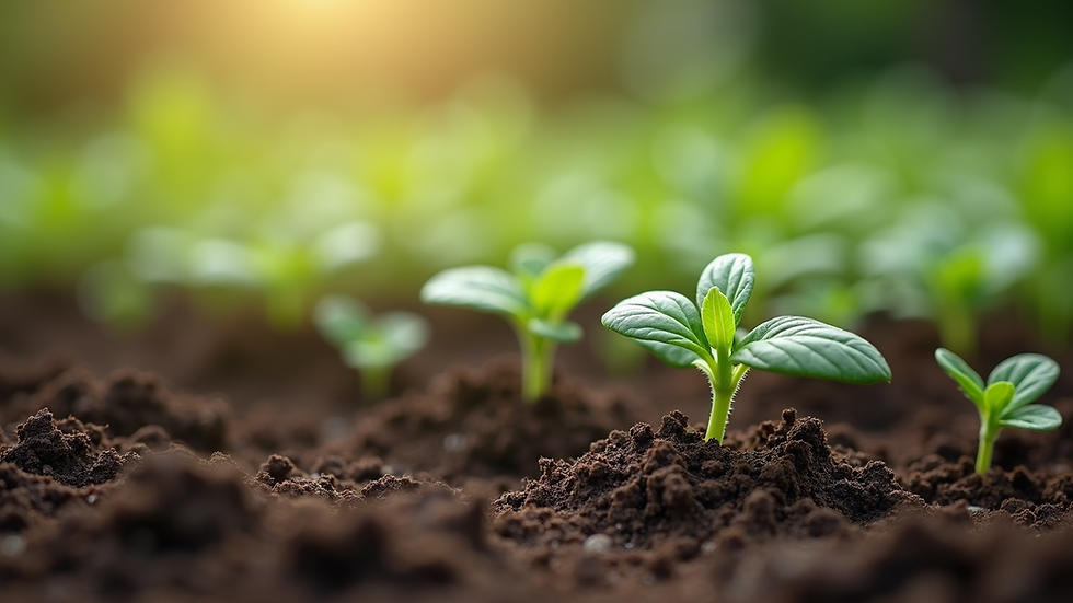 Eye-level view of a garden bed with fresh soil and young plants