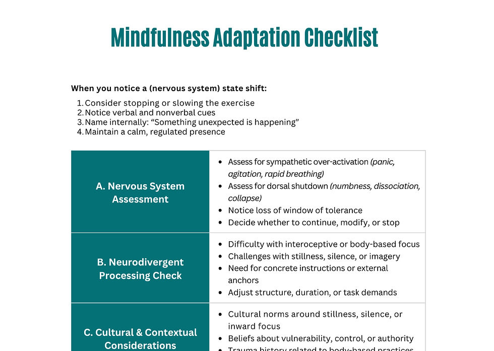 Sample image of a page from the clinical handout bundle. This page depicts neuroscience-informed strategies for adapting Mindfulness techniques to different nervous systems.