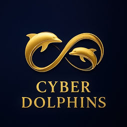 Two intertwined gold dolphins in the shape of an infinity symbol on a black background. The words "Cyber Dolphins" appear underneath the two dolphins and are written in the same gold shade of color. This is the professional logo of the blog author.