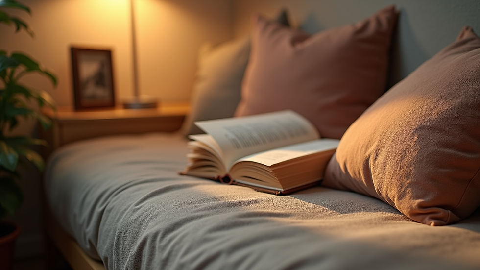 Close-up view of a cozy reading nook with soft cushions and warm lighting