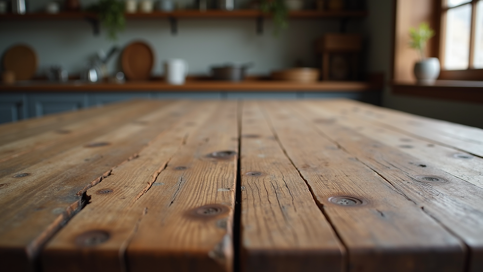 Eye-level view of rustic wooden kitchen table with visible cracks and patina