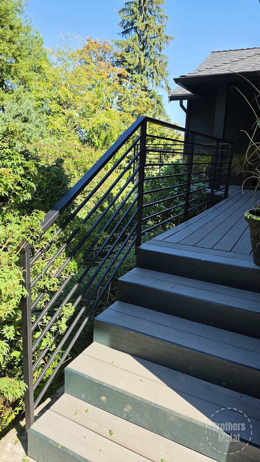 Lakefront deck steel railings with horizontal infill and stair rails in Snohomish, WA. — view 4