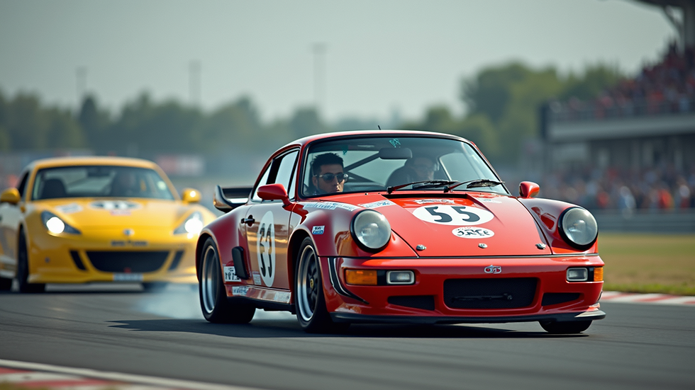 Eye-level view of a vibrant motorsport event with colorful cars racing
