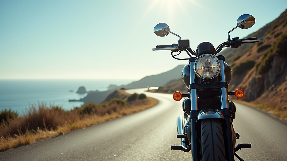Eye-level view of a motorcycle parked on a scenic coastal road