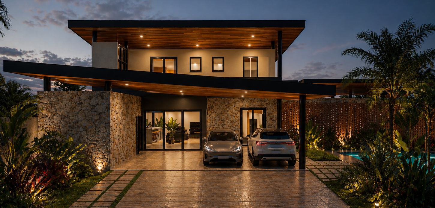 Casa residencial moderna com iluminação noturna