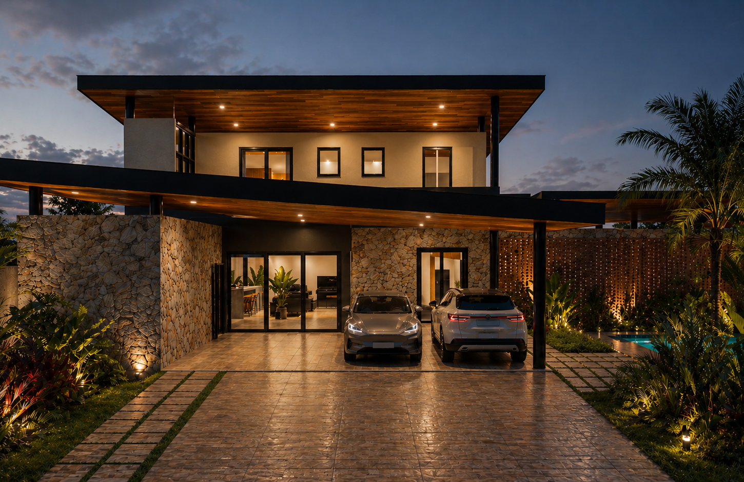 Casa residencial moderna com iluminação noturna