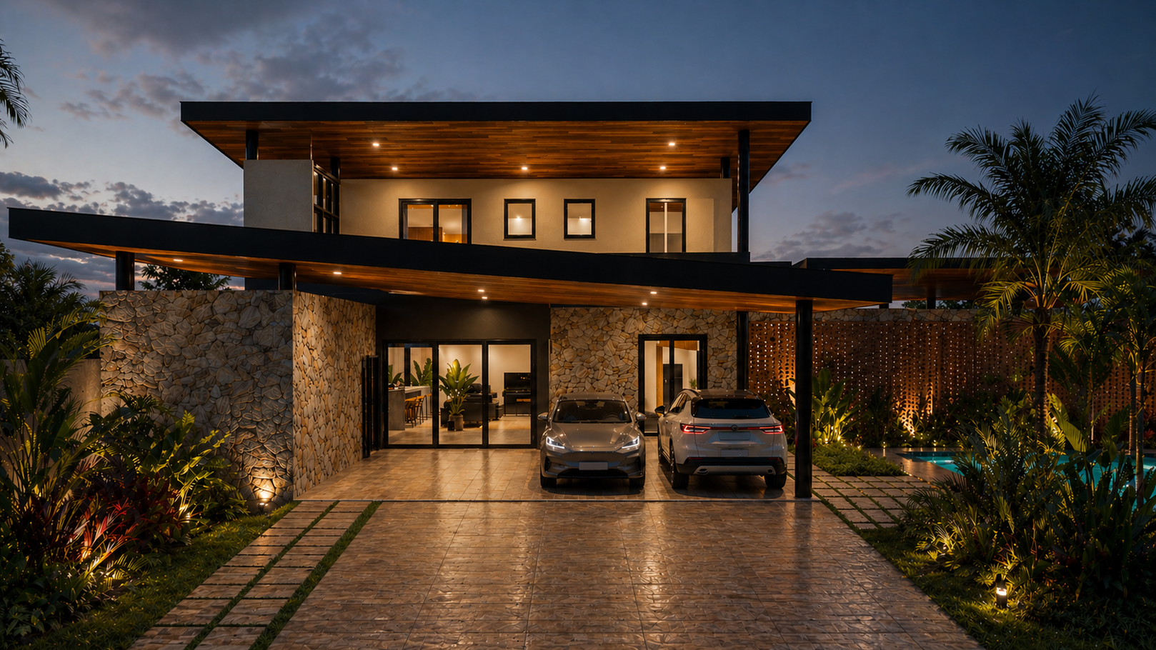 Casa residencial moderna com iluminação noturna